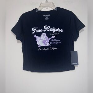 New True Religion Women's Logo Baby Tee With Embroidered Buddha Size Large NWT